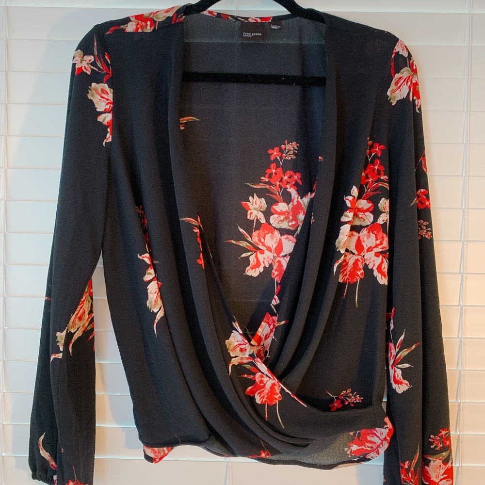 Free Press Black Floral Drape Blouse